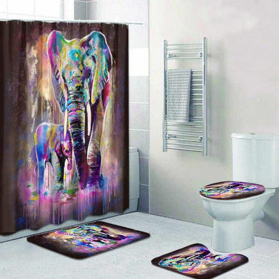 BigProStore Elephant Shower Curtain Water Color Elephant Dad And Baby Bathroom Set 4pcs Wildlife Bathroom Decor BPS2238 Standard (180x180cm | 72x72in) Bathroom Sets