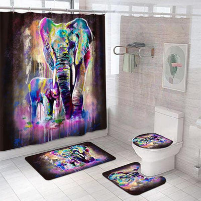 BigProStore Elephant Shower Curtain Water Color Elephant Dad And Baby Bathroom Set 4pcs Wildlife Bathroom Decor BPS2238 Standard (180x180cm | 72x72in) Bathroom Sets