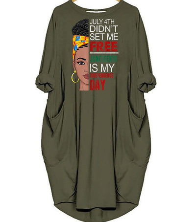 BigProStore African American Dresses July 4th Didn't Set Me Free Juneteenth Is My Independence Day Pretty Black American Girl Long Sleeve Pocket Dress African Print Styles Green / S (4-6 US)(8 UK) Women Dress