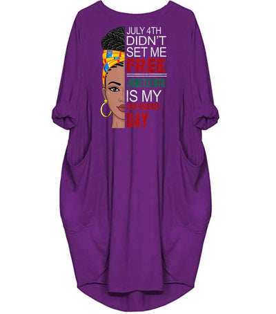 BigProStore African American Dresses July 4th Didn't Set Me Free Juneteenth Is My Independence Day Pretty Black American Girl Long Sleeve Pocket Dress African Print Styles Purple / S (4-6 US)(8 UK) Women Dress