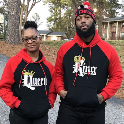 BigProStore Crowned in Love King and Queen Matching Couple Hoodies BPS08162301 Black with Red Arms / S / S