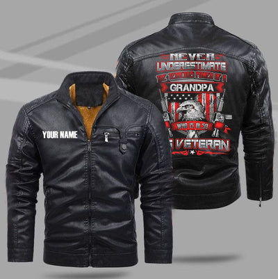 BigProStore Veterans Day Gifts Never Underestimate The Tenacious Power Of A Grandpa Who Is Also US Veteran Leather Jacket M Leather Jacket