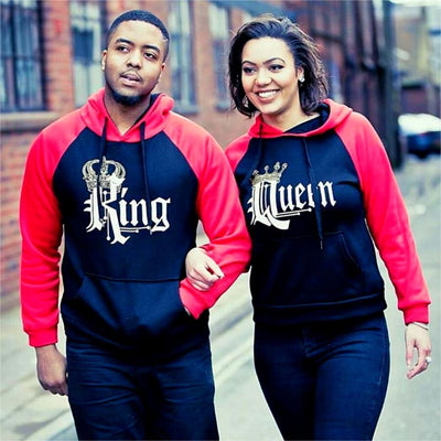 BigProStore Crowned in Love King and Queen Matching Couple Hoodies BPS08162301 Navy with Red Arms / S / S