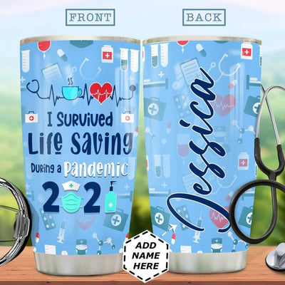BigProStore Personalized Nursing Tumbler Ideas Nurse Survive Nursing During Pandemic Custom Iced Coffee Tumbler Double Wall Cup 20 Oz 20 oz Personalized Nurse Tumbler