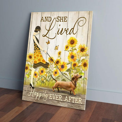 BigProStore Canvas Wall Art And She Lived Happily Ever After Sunflower Dachshund Dog Canvas Wall Art Designs 16" x 24" canvas