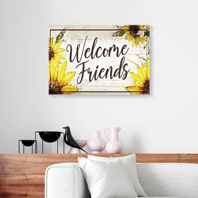 BigProStore Canvas Wall Art Welcome Friends Vintage Sunflower Painting Home Canvas Wall Art And Decor 18" x 12" Canvas