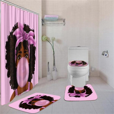 BigProStore African American Shower Curtain Beautiful Pink Afro Girl Chewing Gum Bathroom Set 4pcs Afrocentric Decor Idea BPS1245 Standard (180x180cm | 72x72in) Bathroom Sets