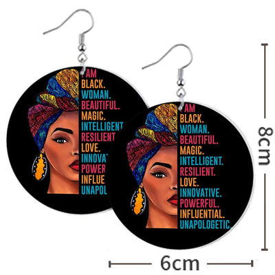 BigProStore African Earrings Afro Girl I Am Black Beautiful Magic Intelligent Woman Round Wood Earrings Pretty Afro Lady Black History Gift Ideas BPS1488