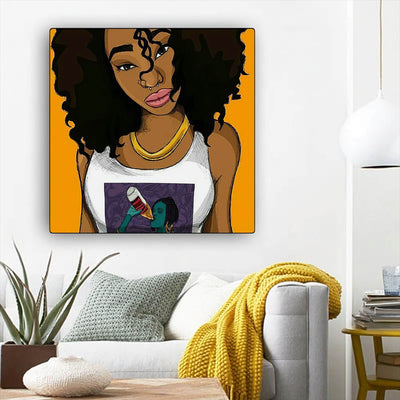 BigProStore African American Canvas Art Cute African American Woman African Canvas Wall Art Afrocentric Decor BPS87177 12" x 12" x 0.75" Square Canvas