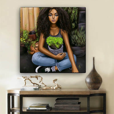 BigProStore African American Wall Art Cute African American Woman Abstract African Wall Art Afrocentric Living Room Ideas BPS83871 24" x 24" x 0.75" Square Canvas