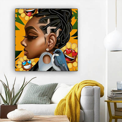 BigProStore African Canvas Art Cute Black Afro Lady African American Wall Art And Decor Afrocentric Decorating Ideas BPS35682 12" x 12" x 0.75" Square Canvas