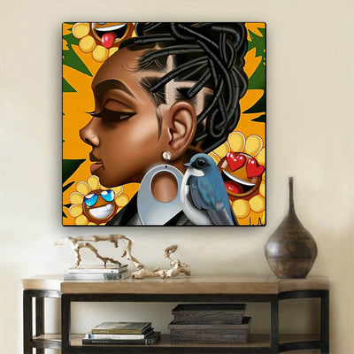 BigProStore African Canvas Art Cute Black Afro Lady African American Wall Art And Decor Afrocentric Decorating Ideas BPS35682 24" x 24" x 0.75" Square Canvas