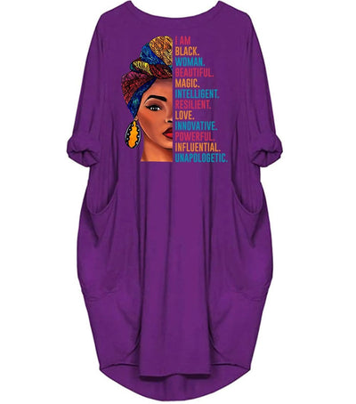 BigProStore African American Dresses I Am Black Woman Beautiful Magic Long Sleeve Pocket Shirt Summer Dress Afrocentric Clothing Purple / S (4-6 US)(8 UK) Women Dress