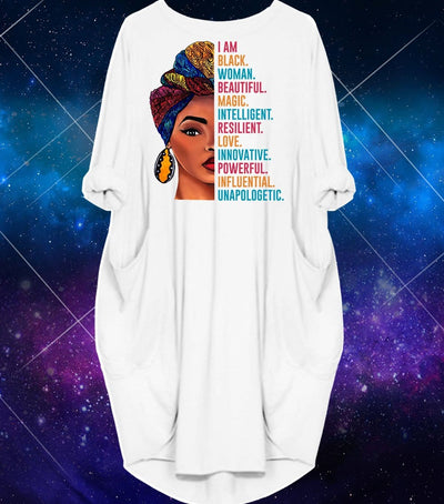 BigProStore African American Dresses I Am Black Woman Beautiful Magic Long Sleeve Pocket Shirt Summer Dress Afrocentric Clothing White / S (4-6 US)(8 UK) Women Dress