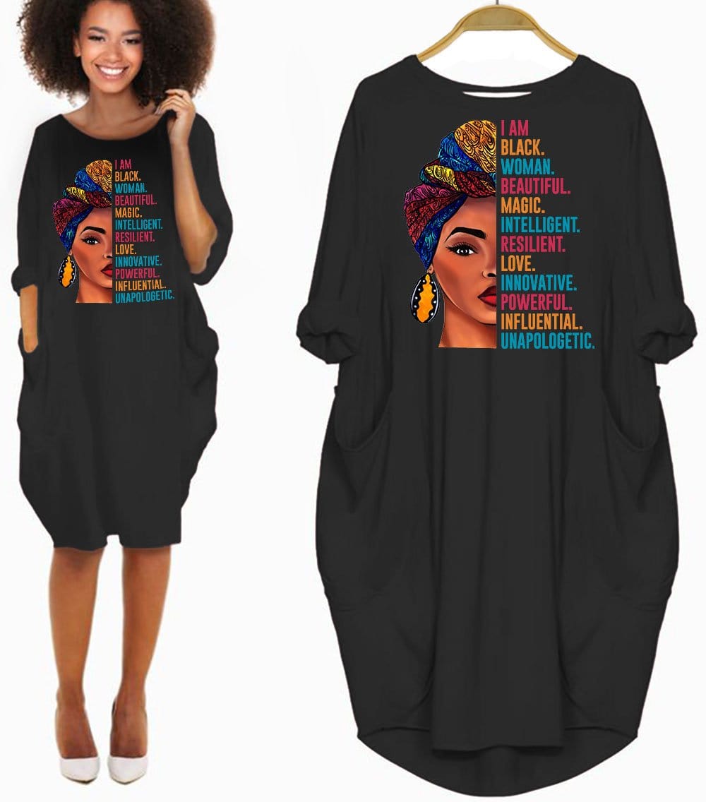 African American Dresses I Am Black Woman Beautiful Magic Long Sleeve  Pocket Shirt Summer Dress Afrocentric Clothing