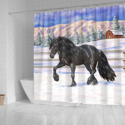 BigProStore Lileihao Horse Shower Curtain Beautiful Black Friesian Draft Horse Trotting In Snow Shower Curtain Bathroom Curtains Horse Shower Curtain / Small (165x180cm | 65x72in) Horse Shower Curtain