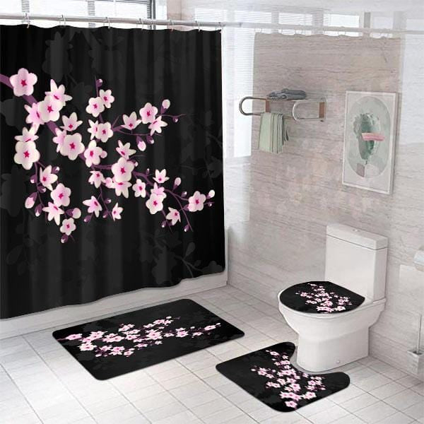 Bathroom Accessories Set Cherry Blossom Pink Black Shower Curtain Home –  BigProStore