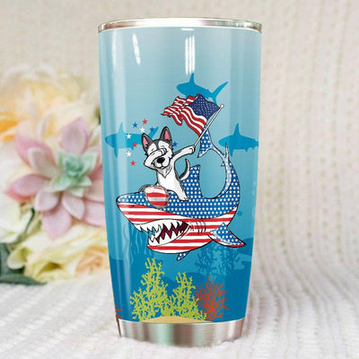 BigProStore Dabbing Husky Rides Shark Tumbler Father's Day Mother's Day Independence Day Gift Idea BPS882 White / 20oz Steel Tumbler