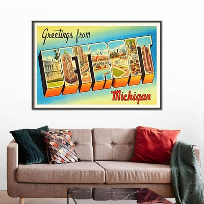 BigProStore Cities Canvas Art Detroit Michigan Mi Old Vintage Travel Souvenir Wall Art Home Decor Cities Canvas