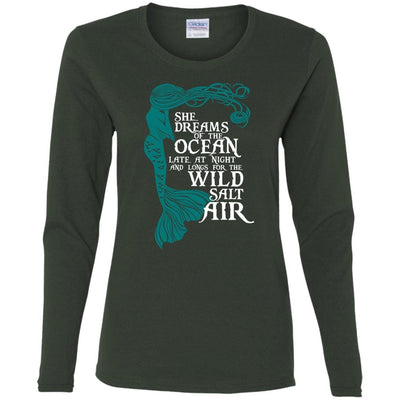 BigProStore Mermaid T-Shirt She Dream Of The Ocean Late At Night G540L Gildan Ladies' Cotton LS T-Shirt / Forest / S T-shirt