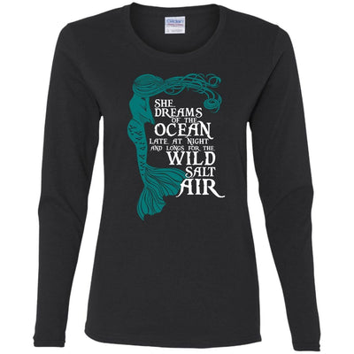 BigProStore Mermaid T-Shirt She Dream Of The Ocean Late At Night G540L Gildan Ladies' Cotton LS T-Shirt / Black / S T-shirt