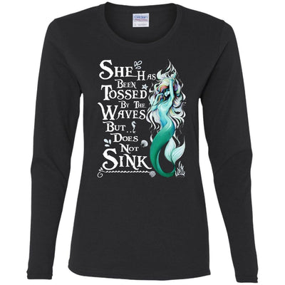 BigProStore Mermaid T-Shirt She Has Been Tossed By The Waves But Does Not Sink G540L Gildan Ladies' Cotton LS T-Shirt / Black / S T-shirt