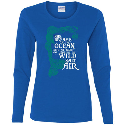 BigProStore Mermaid T-Shirt She Dream Of The Ocean Late At Night G540L Gildan Ladies' Cotton LS T-Shirt / Royal / S T-shirt