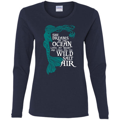 BigProStore Mermaid T-Shirt She Dream Of The Ocean Late At Night G540L Gildan Ladies' Cotton LS T-Shirt / Navy / S T-shirt