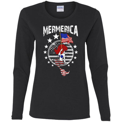 BigProStore Mermerica Mermaid T-shirt G540L Gildan Ladies' Cotton LS T-Shirt / Black / S T-shirt