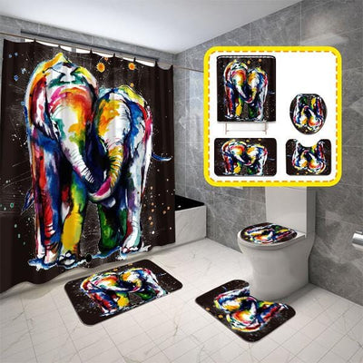BigProStore Elephant Shower Curtain Colorful Elephant Couple Bathroom Set 4pcs Wildlife Bathroom Decor BPS6712 Standard (180x180cm | 72x72in) Bathroom Sets