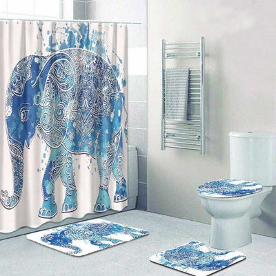 BigProStore Elephant Shower Curtain Water Color Blue Elephant Bathroom Set 4pcs Wildlife Bathroom Decor BPS6896 Standard (180x180cm | 72x72in) Bathroom Sets