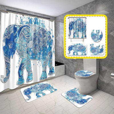 BigProStore Elephant Shower Curtain Water Color Blue Elephant Bathroom Set 4pcs Wildlife Bathroom Decor BPS6896 Standard (180x180cm | 72x72in) Bathroom Sets