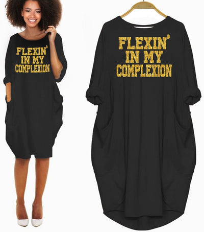 BigProStore African American Dresses Women Flexing In My Complexion Shirt Melanin Long Sleeve Pocket Dress for Her Afrocentric Clothing Fashion Black / S Women Dress