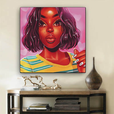 BigProStore Framed Black Art Cute Girl With Afro African American Wall Art And Decor Afrocentric Home Decor BPS17946 12" x 12" x 0.75" Square Canvas