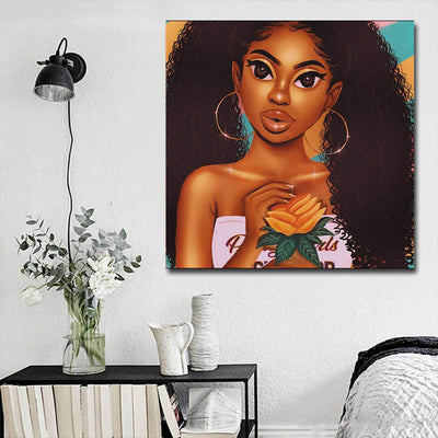 BigProStore Framed Black Art Pretty African American Girl Black History Wall Art Afrocentric Home Decor BPS53233 16" x 16" x 0.75" Square Canvas