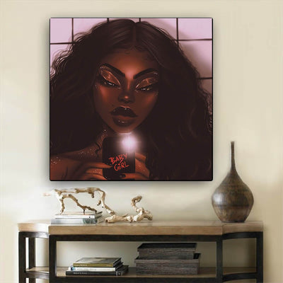 BigProStore Framed Black Art Pretty African American Woman African Canvas Wall Art Afrocentric Living Room Ideas BPS37400 12" x 12" x 0.75" Square Canvas
