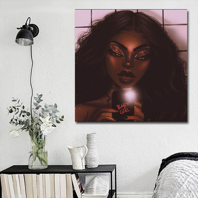 BigProStore Framed Black Art Pretty African American Woman African Canvas Wall Art Afrocentric Living Room Ideas BPS37400 16" x 16" x 0.75" Square Canvas
