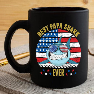 BigProStore Funny Best Papa Shark Ever Coffee Mug Blue Shark Wearing Sunglasses Version Black / 11oz Coffee Mug