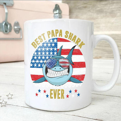 BigProStore Funny Best Papa Shark Ever Coffee Mug Blue Shark Wearing Sunglasses Version White / 11oz Coffee Mug