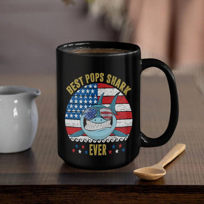 BigProStore Funny Best Pops Shark Ever Coffee Mug Blue Shark Wearing Sunglasses Version Black / 15oz Coffee Mug
