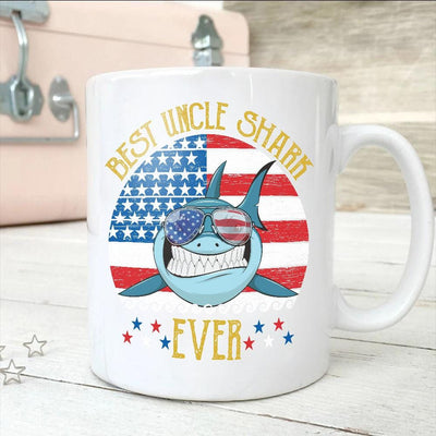 BigProStore Funny Best Uncle Shark Ever Coffee Mug Blue Shark Wearing Sunglasses Version White / 11oz Coffee Mug