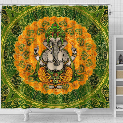 BigProStore Elephant Art Shower Curtain Ganesha In Marigold Flowers And Gold Decoration Home Bath Decor Shower Curtain / Small (165x180cm | 65x72in) Shower Curtain