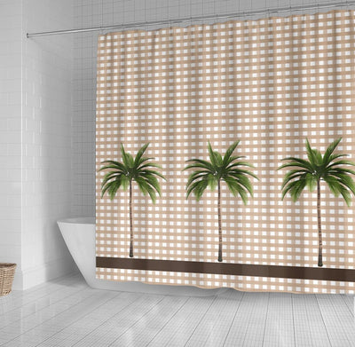 BigProStore Bathroom Curtain Gingham Check Brown Stripe Three Palm Trees Shower Curtain Fantasy Fabric Bath Bathroom Hawaii Shower Curtain