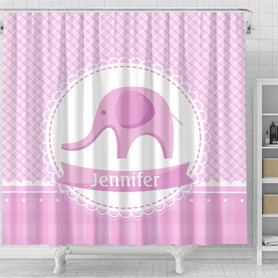 BigProStore Shower Curtains Elephant Girly Pink Plaid With Cute Elephant Custom Name Home Bath Decor Shower Curtain / Small (165x180cm | 65x72in) Shower Curtain