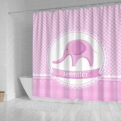 BigProStore Shower Curtains Elephant Girly Pink Plaid With Cute Elephant Custom Name Home Bath Decor Shower Curtain