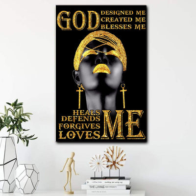 BigProStore African American Canvas Painting Black Woman God Designed Created Blessed Heals Defends Forgives Loves Me Black History Canvas Art Living Room Decor CANPO75 Portrait Canvas .75in Frame / Black / 8" x 12" Apparel