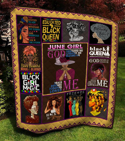 June Girl God Designed Created Blesses Me Black Queen Quilt