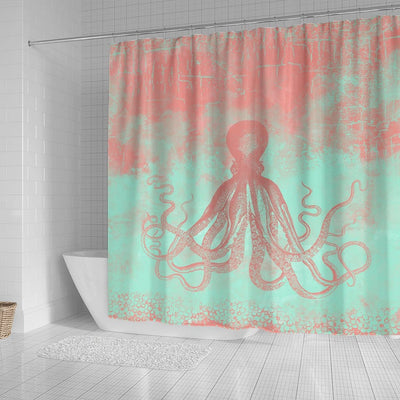 BigProStore Kraken Shower Curtains Grunge Octopus In Coral And Mint Shower Curtain Bathroom Sets Shower Curtain