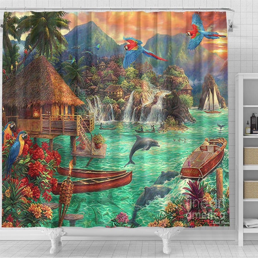 Cheap Dolphin Shower Curtain Tropical Ocean Fish Print with Roller