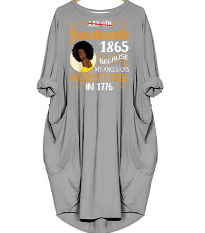 BigProStore African Print Dresses Juneteenth Black Women Because My Ancestor Weren't Free 1776 Cute Melanin Girl Long Sleeve Pocket Dress Afrocentric Clothing Gray / S (4-6 US)(8 UK) Women Dress